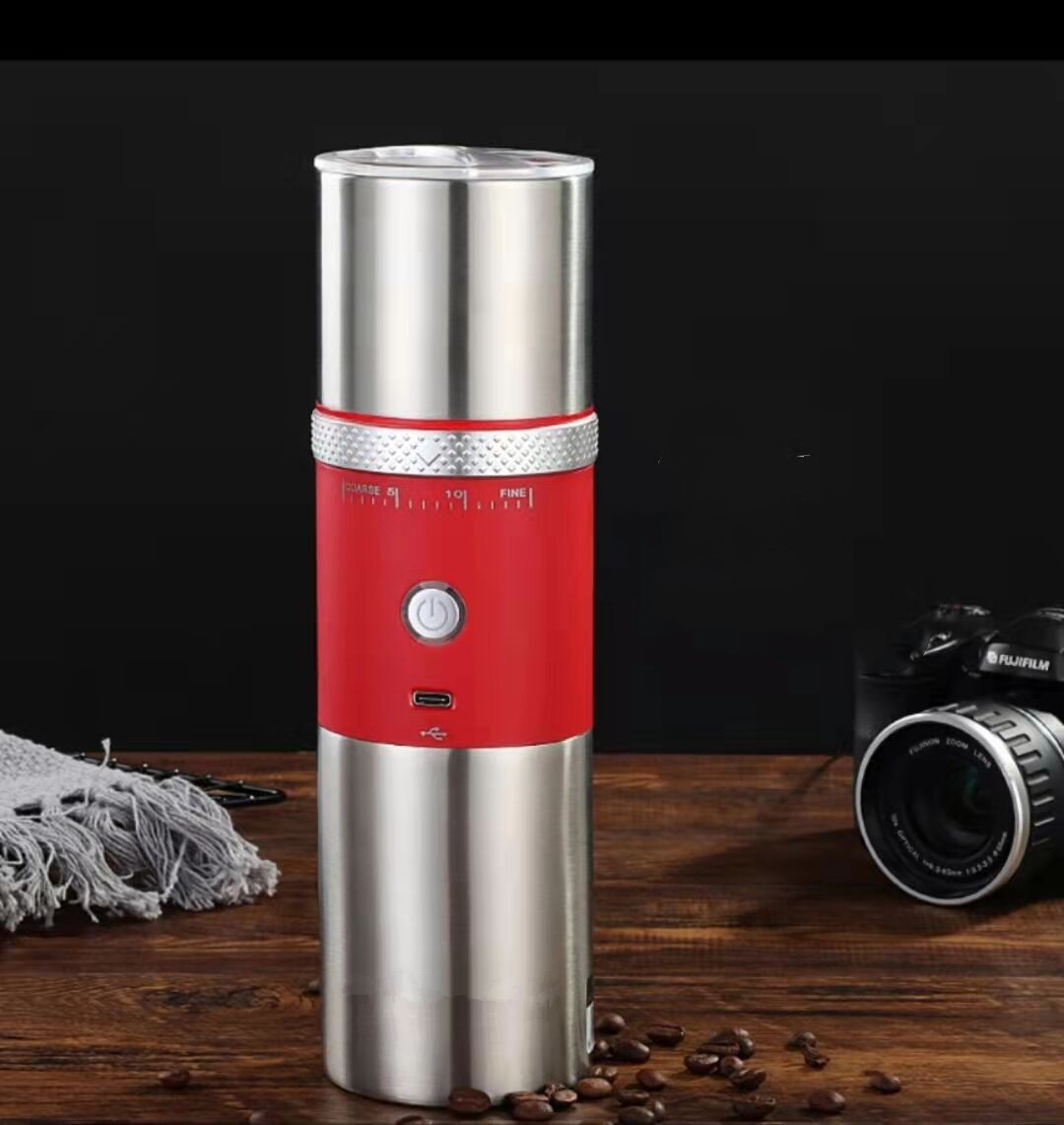 USB electric coffee cup in red and stainless steel design with one-button operation and USB charging.